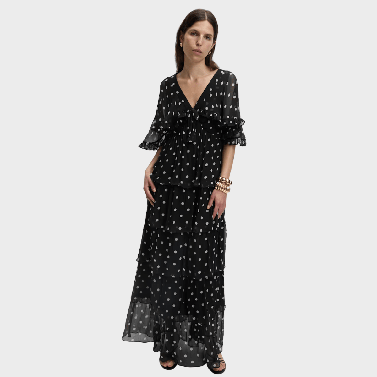 Polka Dot V - Neck Frill Detail Maxi Dress from You Know Who's