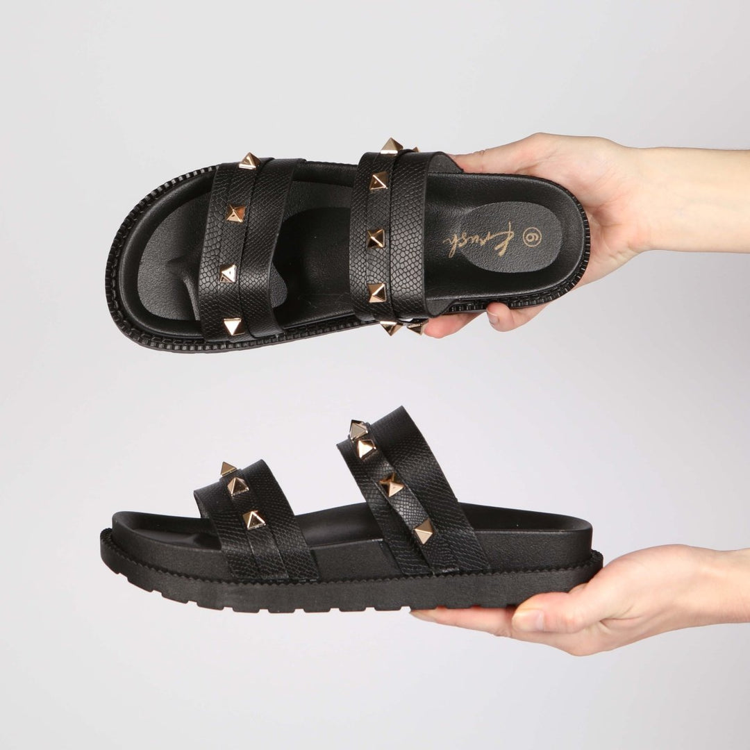Pyramid Stud Double Strap Sliders from You Know Who's