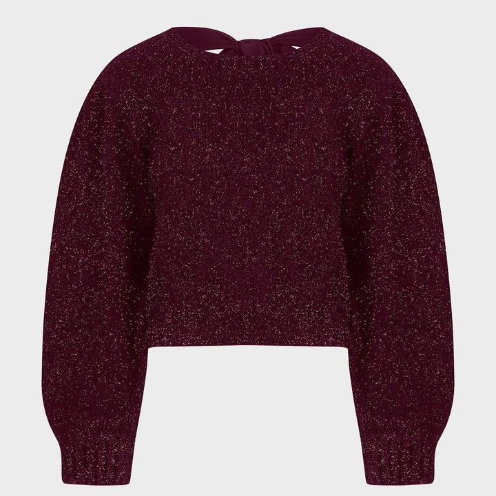 Ladies Wine Lurex Bow Tie Jumper