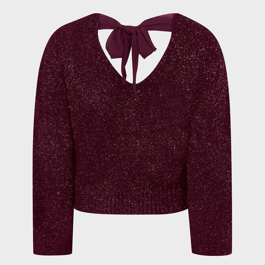 Ladies Wine Lurex Bow Tie Jumper