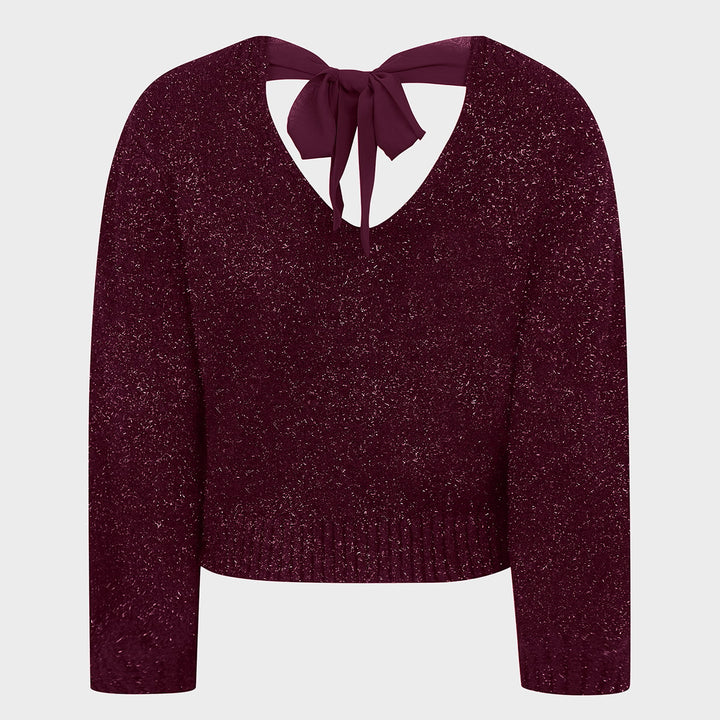 Ladies Wine Lurex Bow Tie Jumper