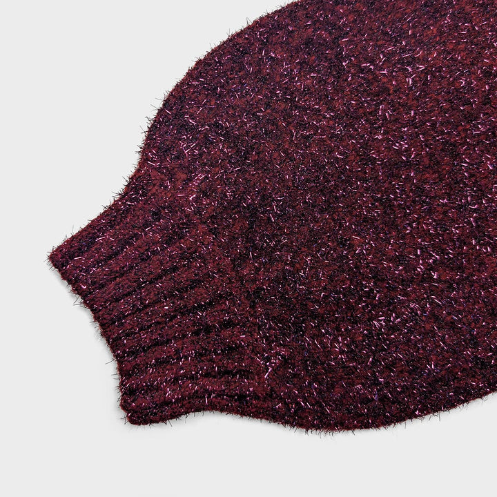 Ladies Wine Lurex Bow Tie Jumper