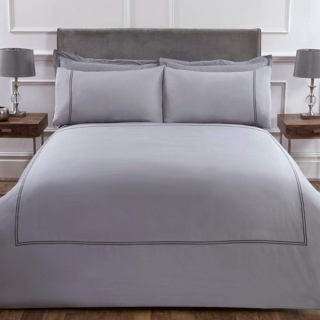 Sleepdown Sateen 300 Thread Hotel Collection Double Stitch Border Duvet Set - Silver/Grey from You Know Who's