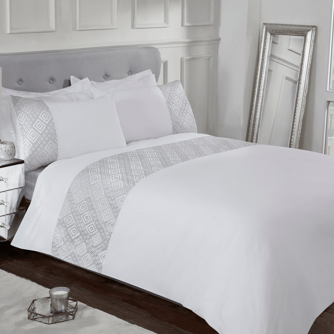 Sleepdown White 3D Geo Lurex Jacquard Cuff Duvet Set from You Know Who's