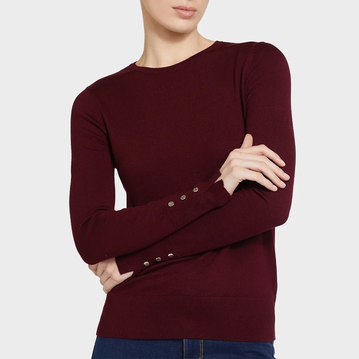 Soft Touch Crew Neck Burgundy Button Detail Jumper from You Know Who's