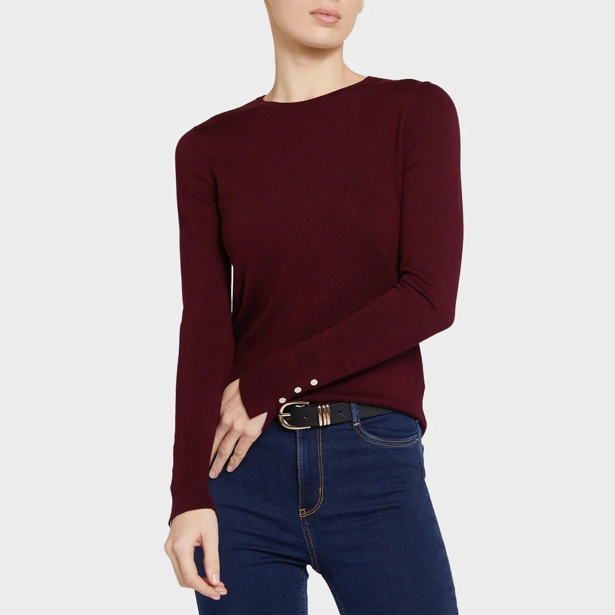 Soft Touch Crew Neck Burgundy Button Detail Jumper from You Know Who's