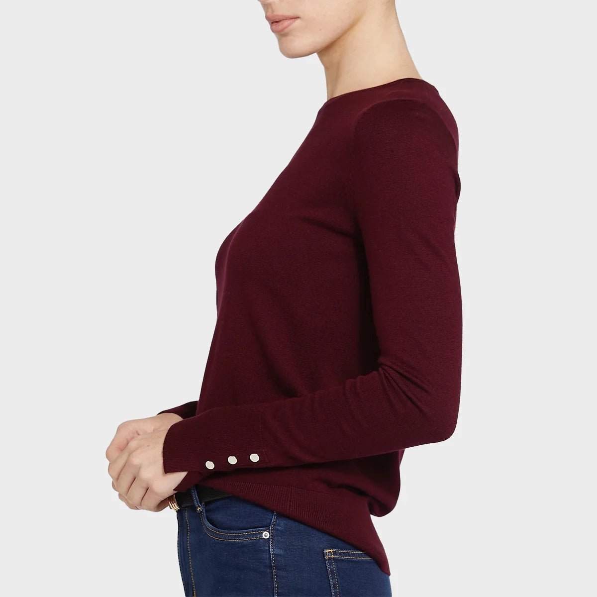 Soft Touch Crew Neck Burgundy Button Detail Jumper from You Know Who's