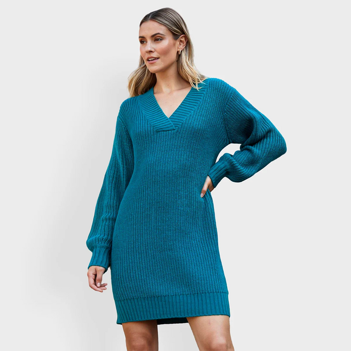 Threadbare Ladies Teal V-Neck Knitted Dress