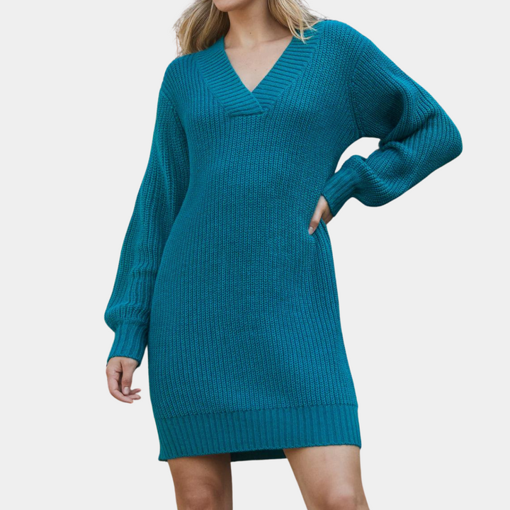 Threadbare Ladies Teal V-Neck Knitted Dress