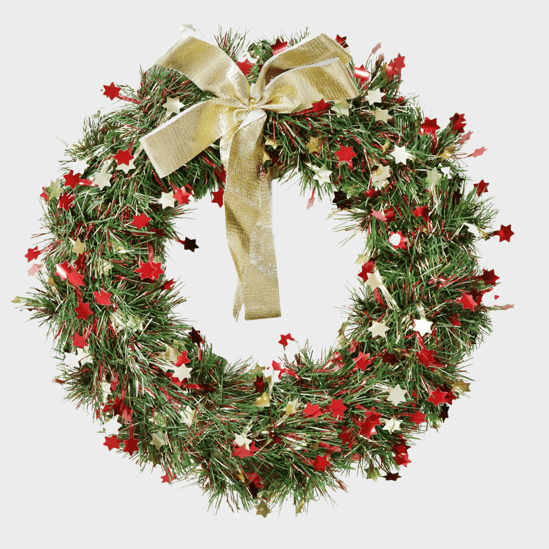 Tinsel wreath 25cm d/c stars w/bow from You Know Who's