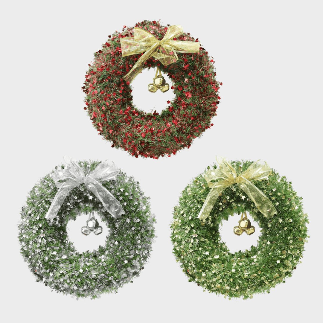 Tinsel wreath 40cm d/c stars w/bells & bow from You Know Who's