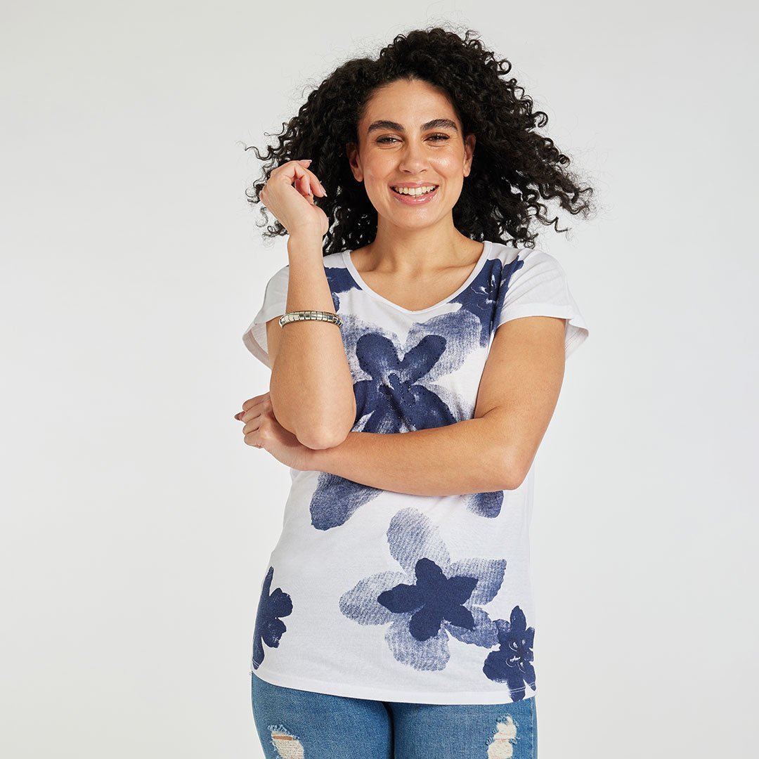 Ladies Floral Print T-Shirt Navy from You Know Who's