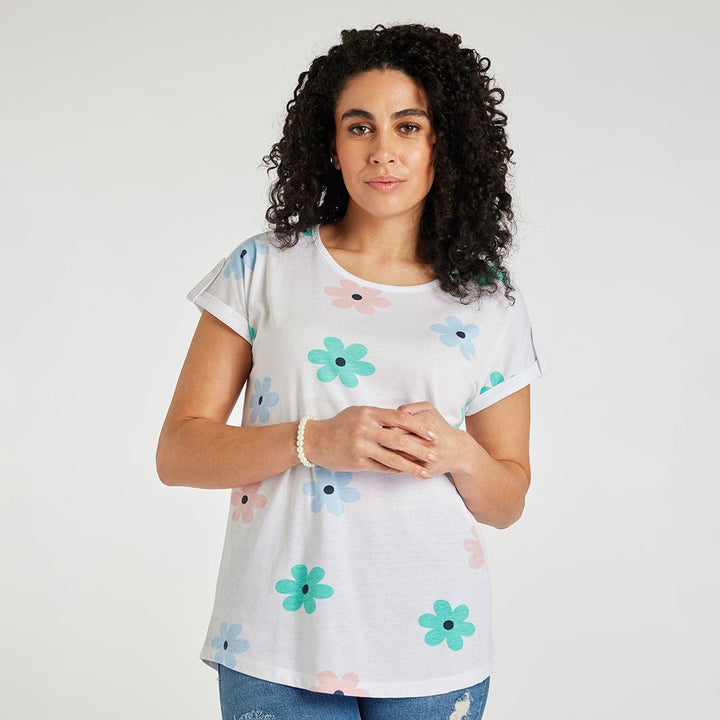 Ladies Flower Printed T-Shirt Blue from You Know Who's