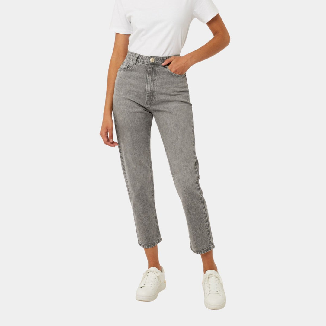 Grey high waist straight leg jeans for women