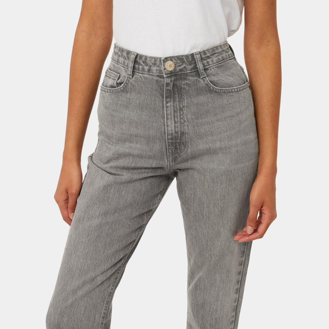 Close up of grey high waist jeans for women