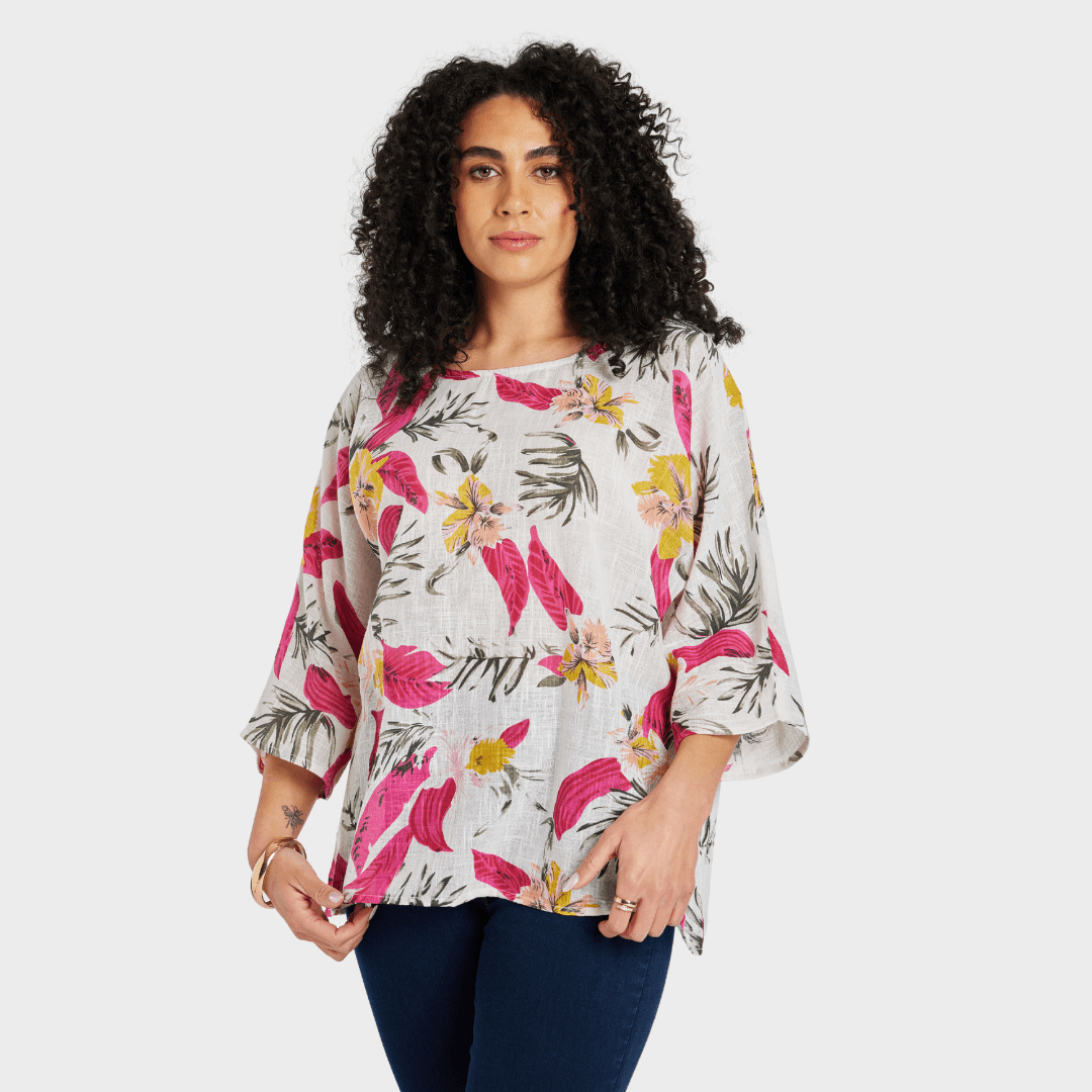 Ladies Printed Crinkle Top Fuchsia Flower from You Know Who's