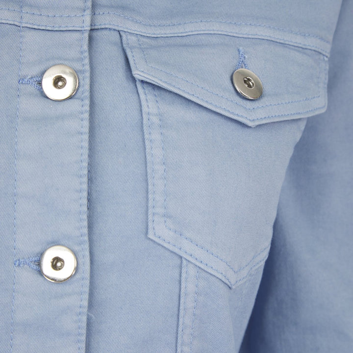 Close up of light blue denim jacket for women