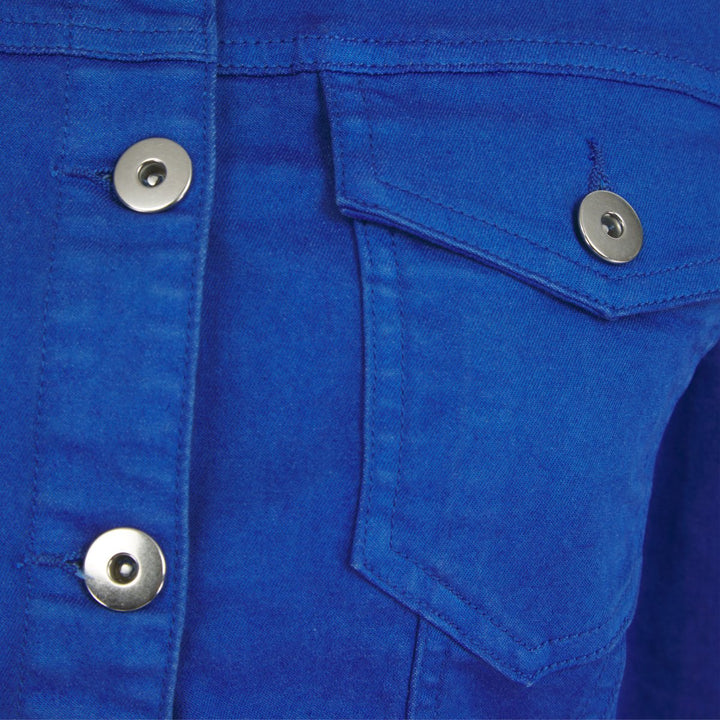 Close up details of royal blue denim jacket
