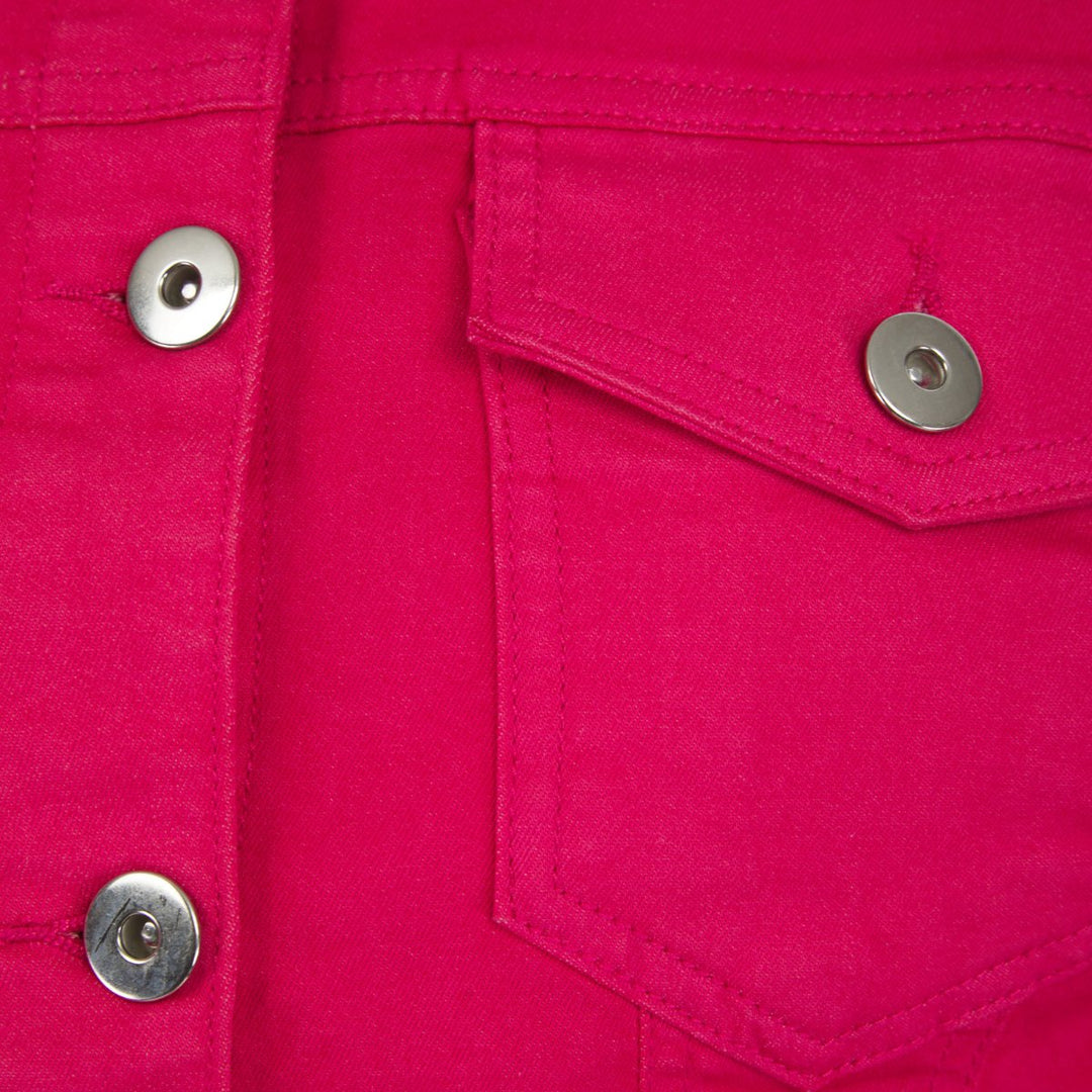 Close up details of pink denim jacket