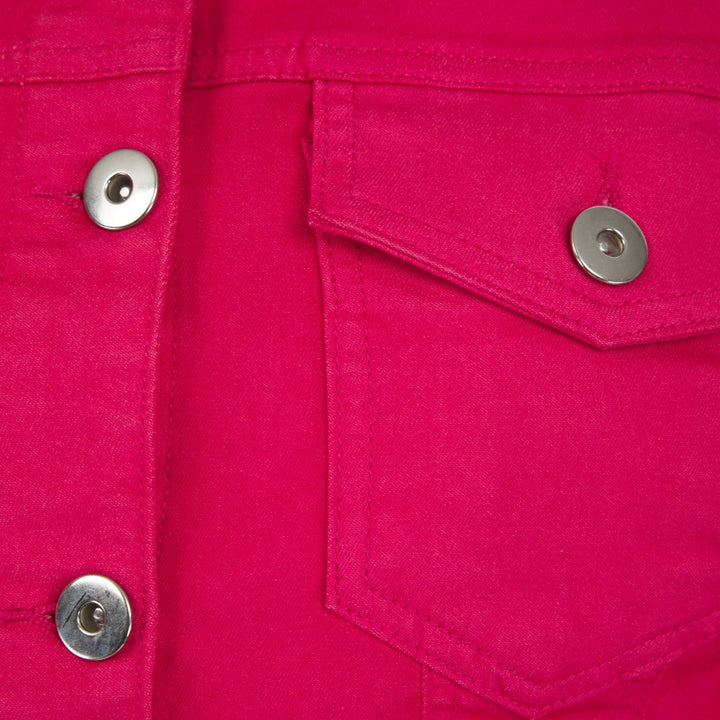 Close up details of pink denim jacket