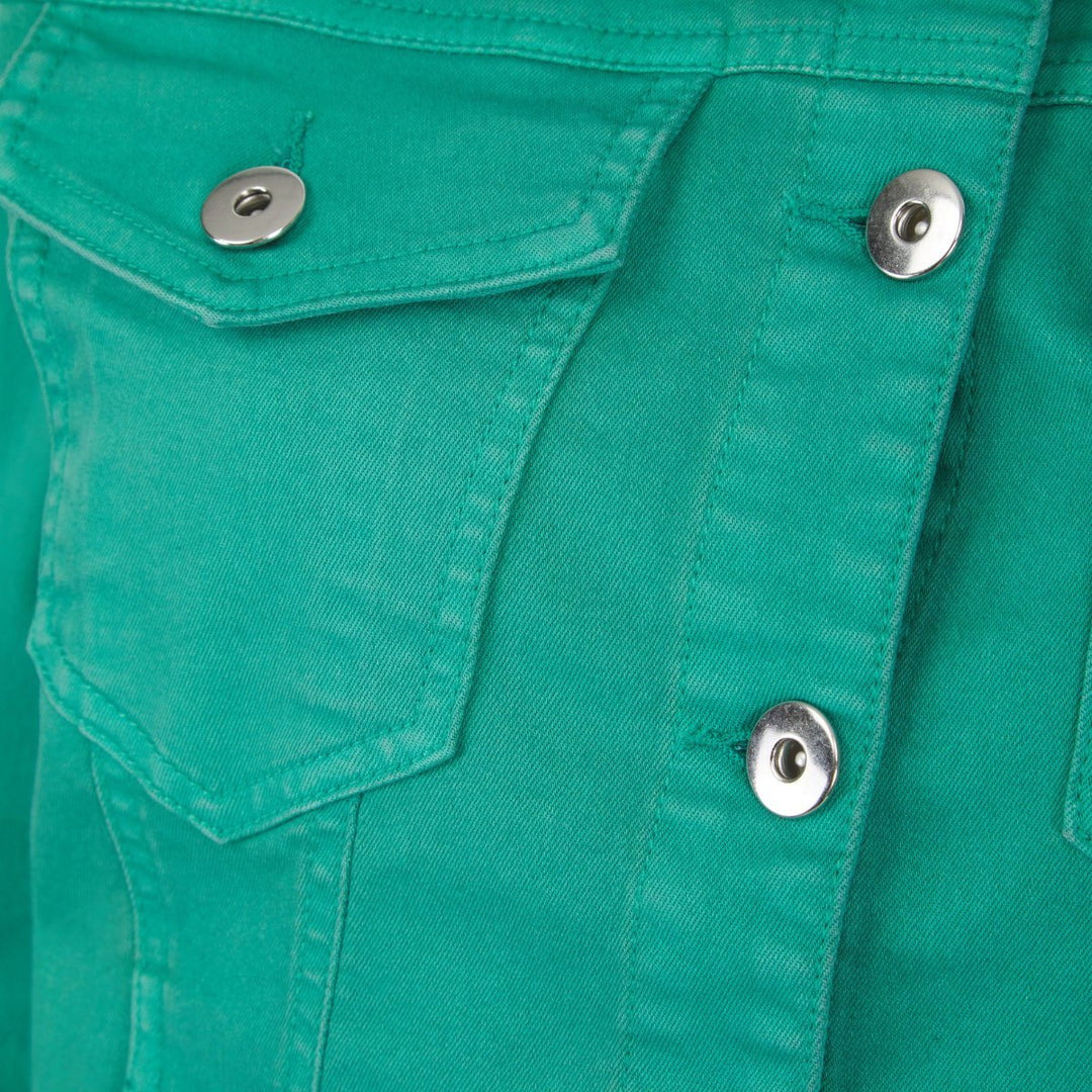 Close up details of teal denim jacket for women